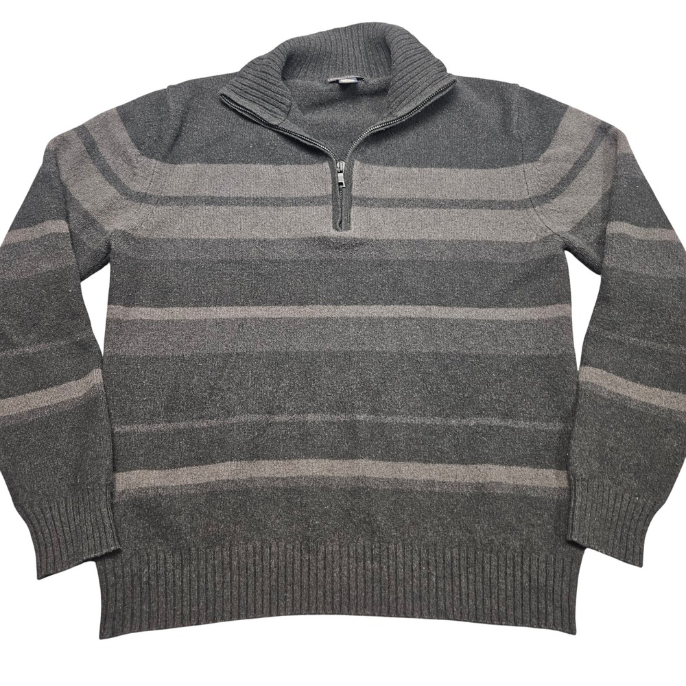 Banana Republic Mens Lambswool Cashmere‎ 1/4 Zip Large Gray Stripe Dark Academia